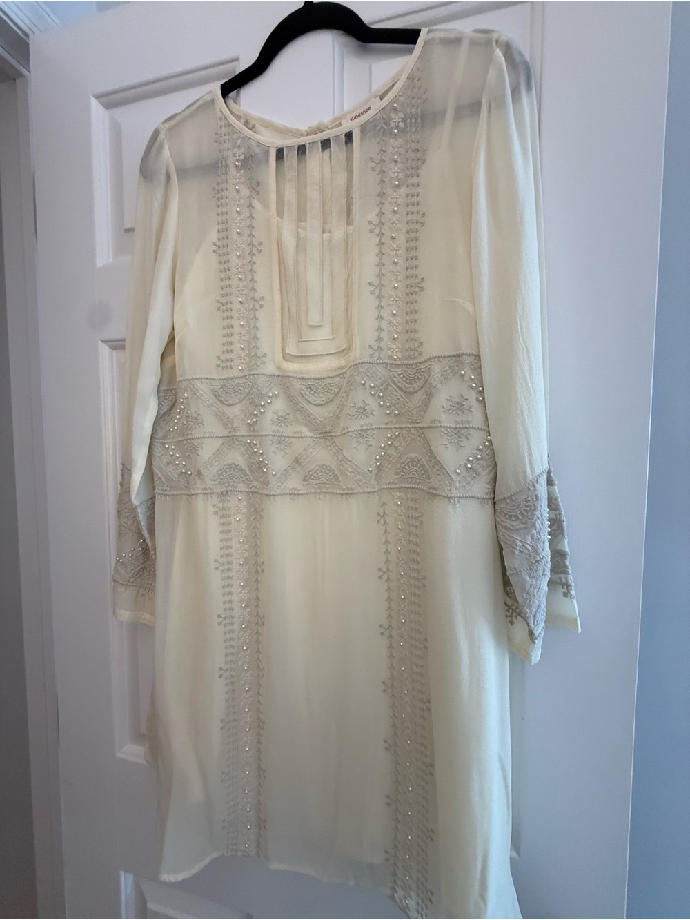 Sundance Ivory Embroidered Pearls Lined Dress, size 10